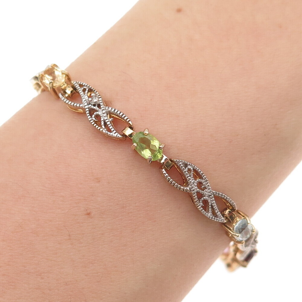 925 Sterling Silver Gold Plated Real Diamond & Multi-Gem Infinity Bracelet 7.25"